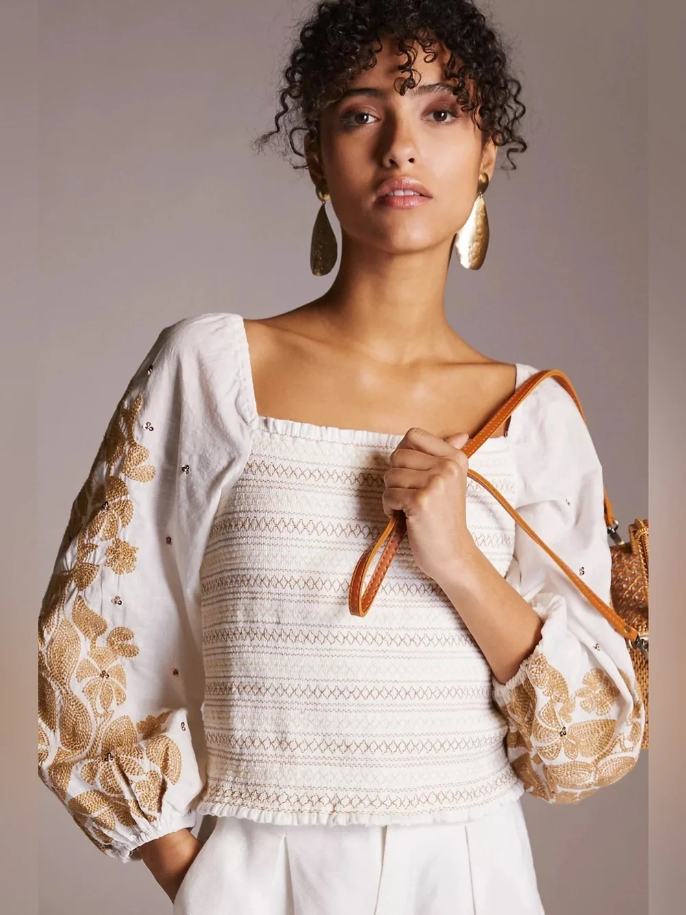 Anthropologie Embroidered Smocked Puff Sleeve Crop Top Ivory Gold Floral 2X